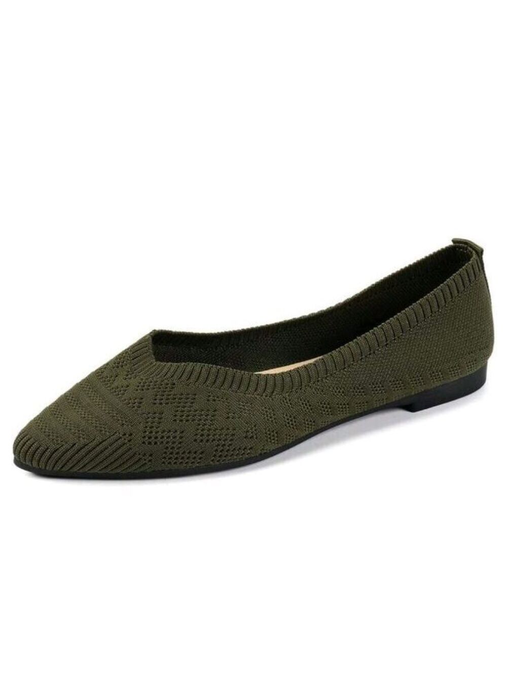 Women's Olive Green Pointed Toe Knit Flats with Cushioned Insole